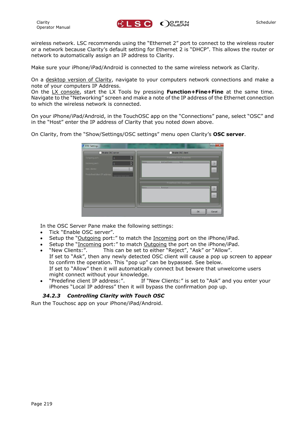 3 controlling clarity with touch osc | LSC Lighting CLARITY LX Series v.1 User Manual | Page 229 / 276