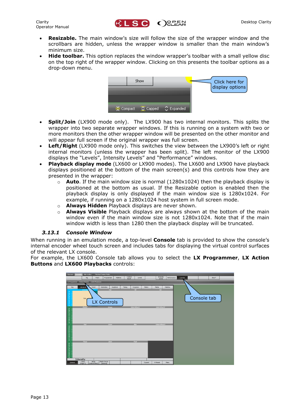 1 console window | LSC Lighting CLARITY LX Series v.1 User Manual | Page 23 / 276