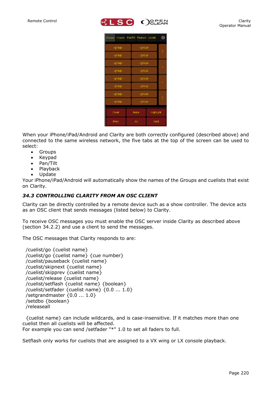 3 controlling clarity from an osc client, On 34.3 | LSC Lighting CLARITY LX Series v.1 User Manual | Page 230 / 276