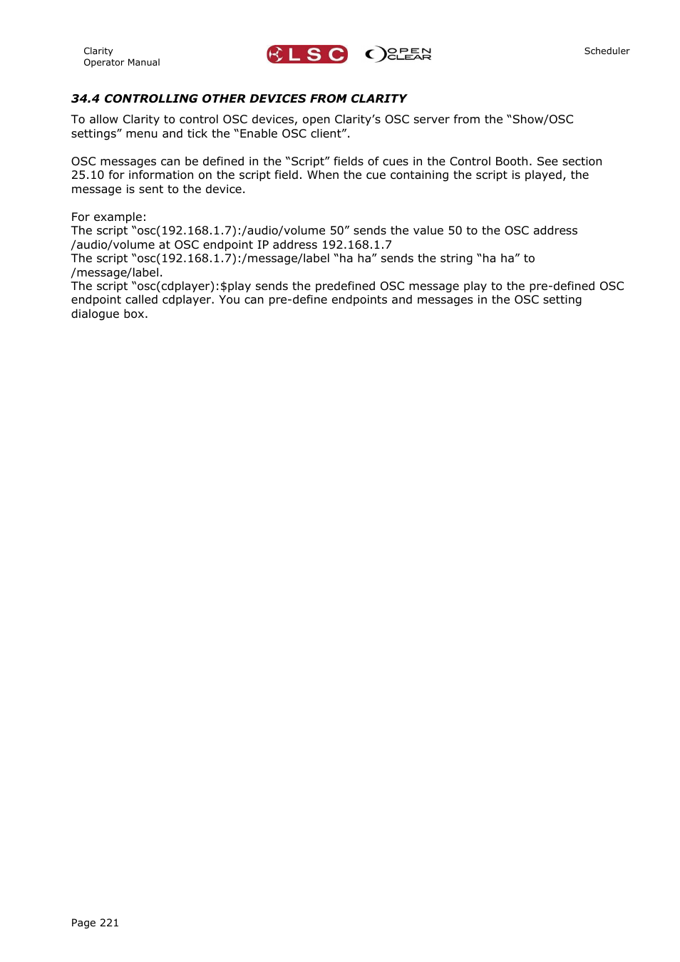 4 controlling other devices from clarity | LSC Lighting CLARITY LX Series v.1 User Manual | Page 231 / 276