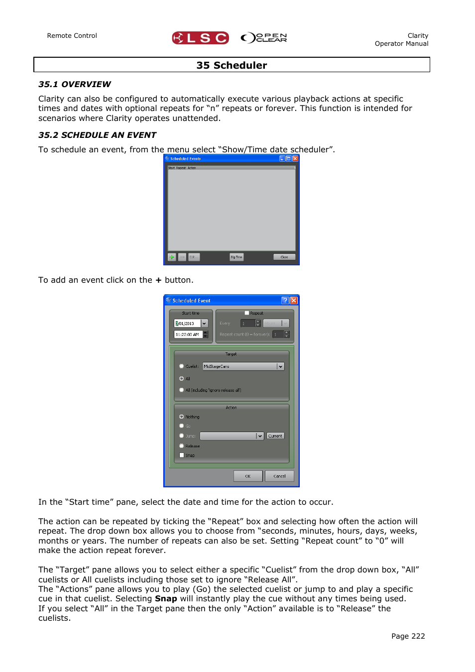 35 scheduler, 1 overview, 2 schedule an event | LSC Lighting CLARITY LX Series v.1 User Manual | Page 232 / 276
