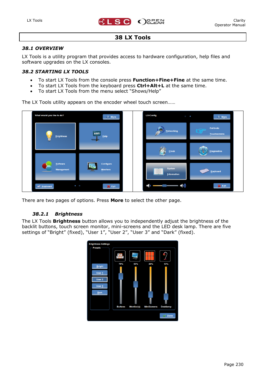 38 lx tools, 1 overview, 2 starting lx tools | 1 brightness, On 38 | LSC Lighting CLARITY LX Series v.1 User Manual | Page 240 / 276