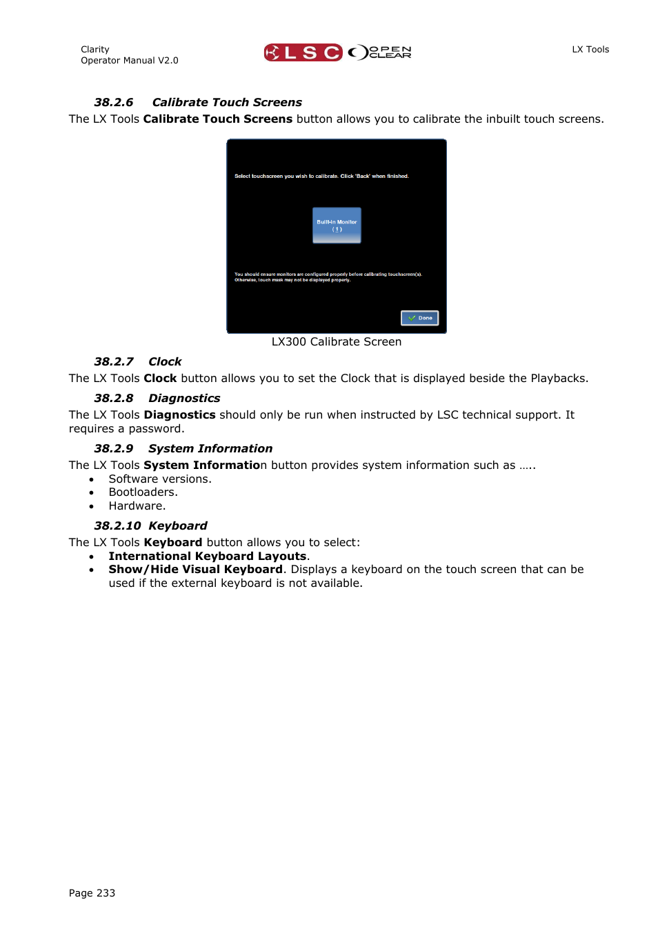 6 calibrate touch screens, 7 clock, 8 diagnostics | 9 system information, 10 keyboard | LSC Lighting CLARITY LX Series v.1 User Manual | Page 243 / 276