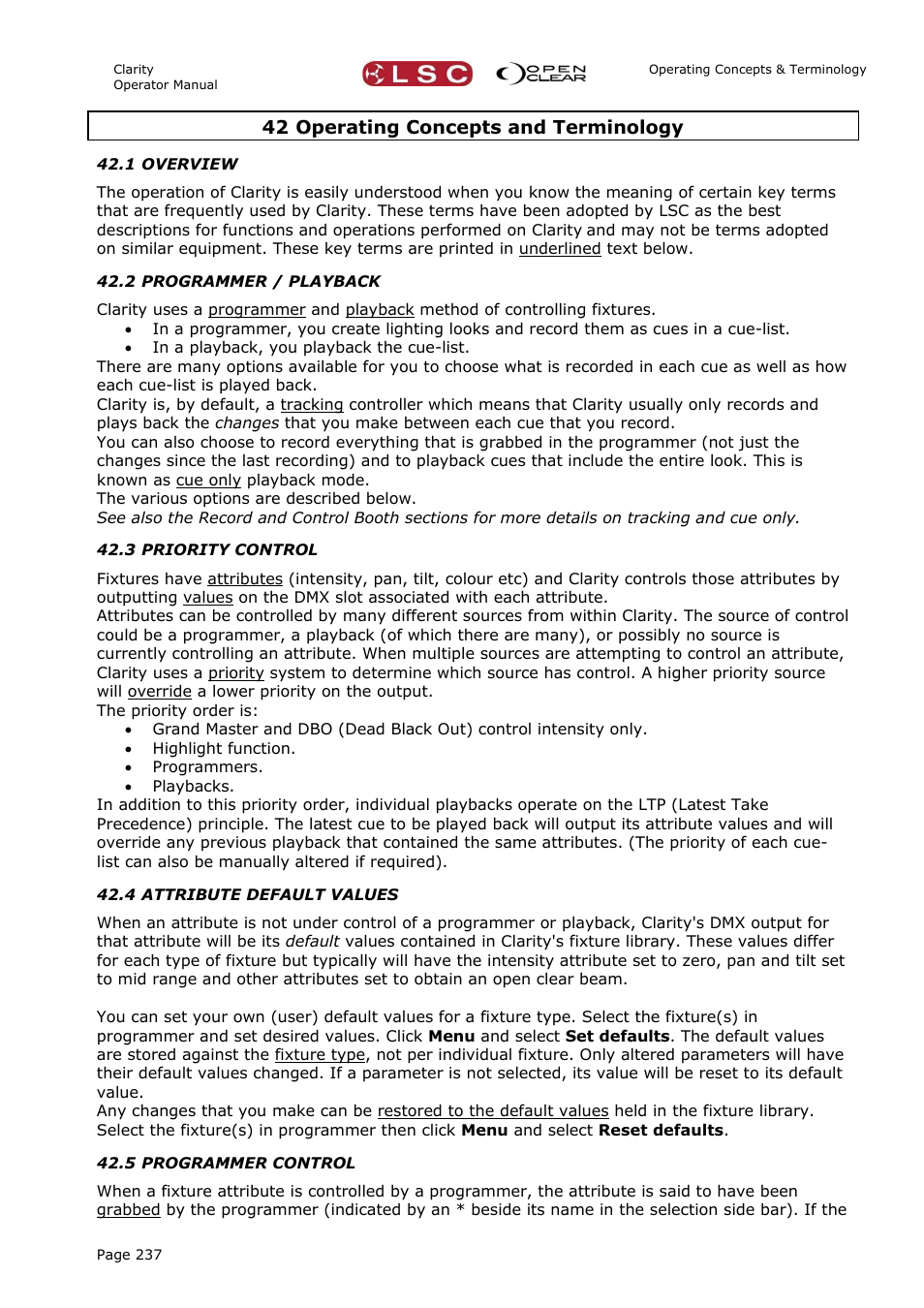 42 operating concepts and terminology, 1 overview, 2 programmer / playback | 3 priority control, 4 attribute default values, 5 programmer control | LSC Lighting CLARITY LX Series v.1 User Manual | Page 247 / 276