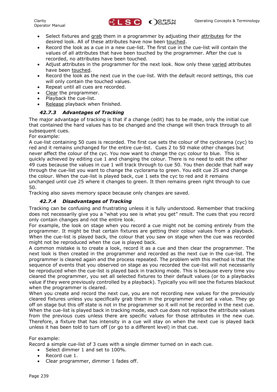 3 advantages of tracking, 4 disadvantages of tracking | LSC Lighting CLARITY LX Series v.1 User Manual | Page 249 / 276