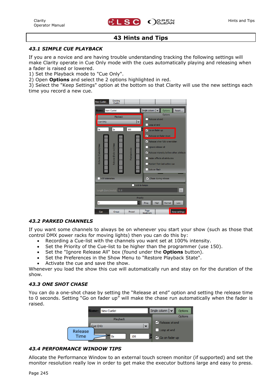 43 hints and tips, 1 simple cue playback, 2 parked channels | 3 one shot chase, 4 performance window tips | LSC Lighting CLARITY LX Series v.1 User Manual | Page 255 / 276