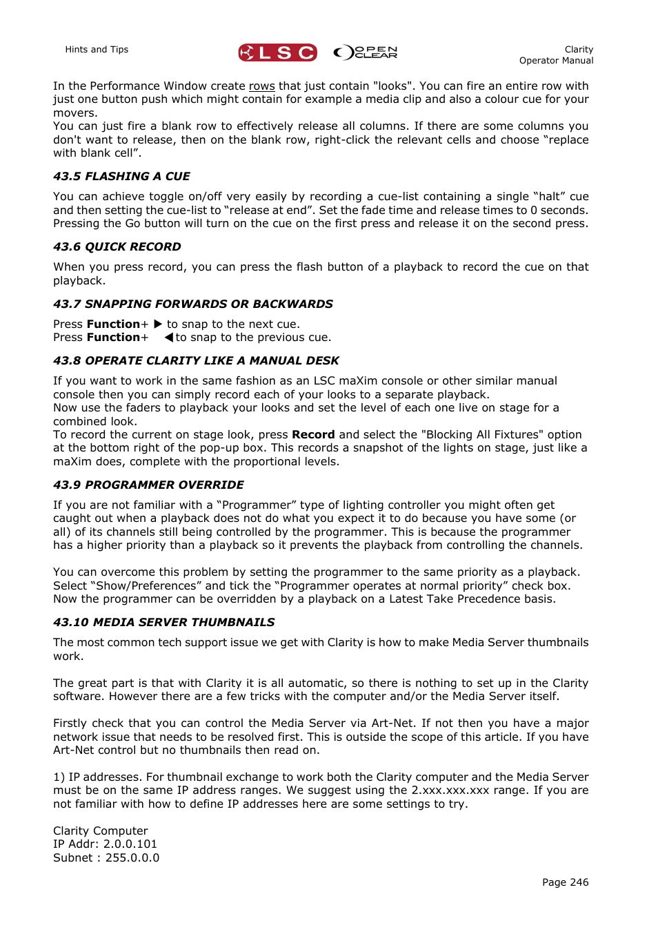 5 flashing a cue, 6 quick record, 7 snapping forwards or backwards | 8 operate clarity like a manual desk, 9 programmer override, 10 media server thumbnails | LSC Lighting CLARITY LX Series v.1 User Manual | Page 256 / 276