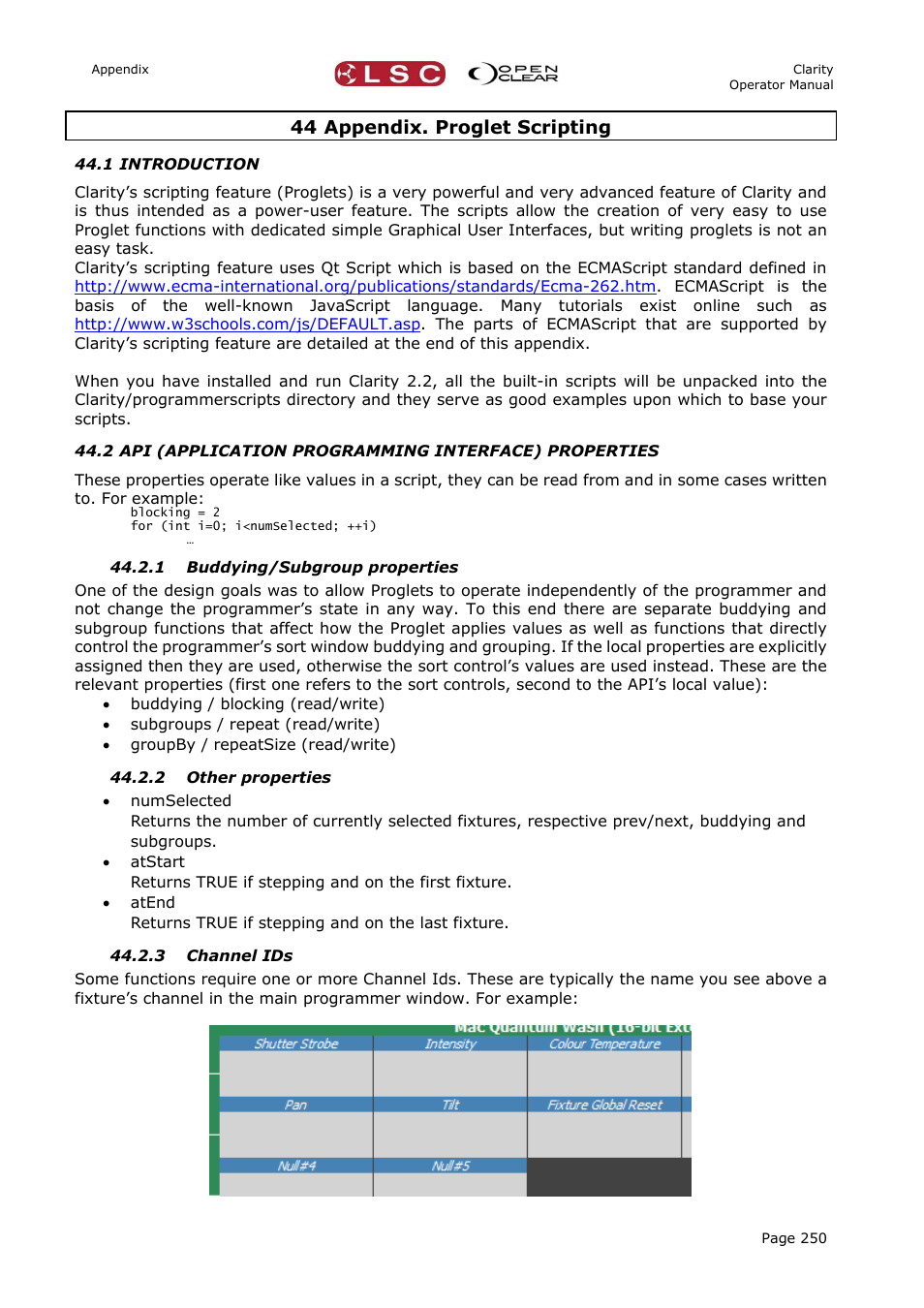 44 appendix. proglet scripting, 1 introduction, 1 buddying/subgroup properties | 2 other properties, 3 channel ids | LSC Lighting CLARITY LX Series v.1 User Manual | Page 260 / 276