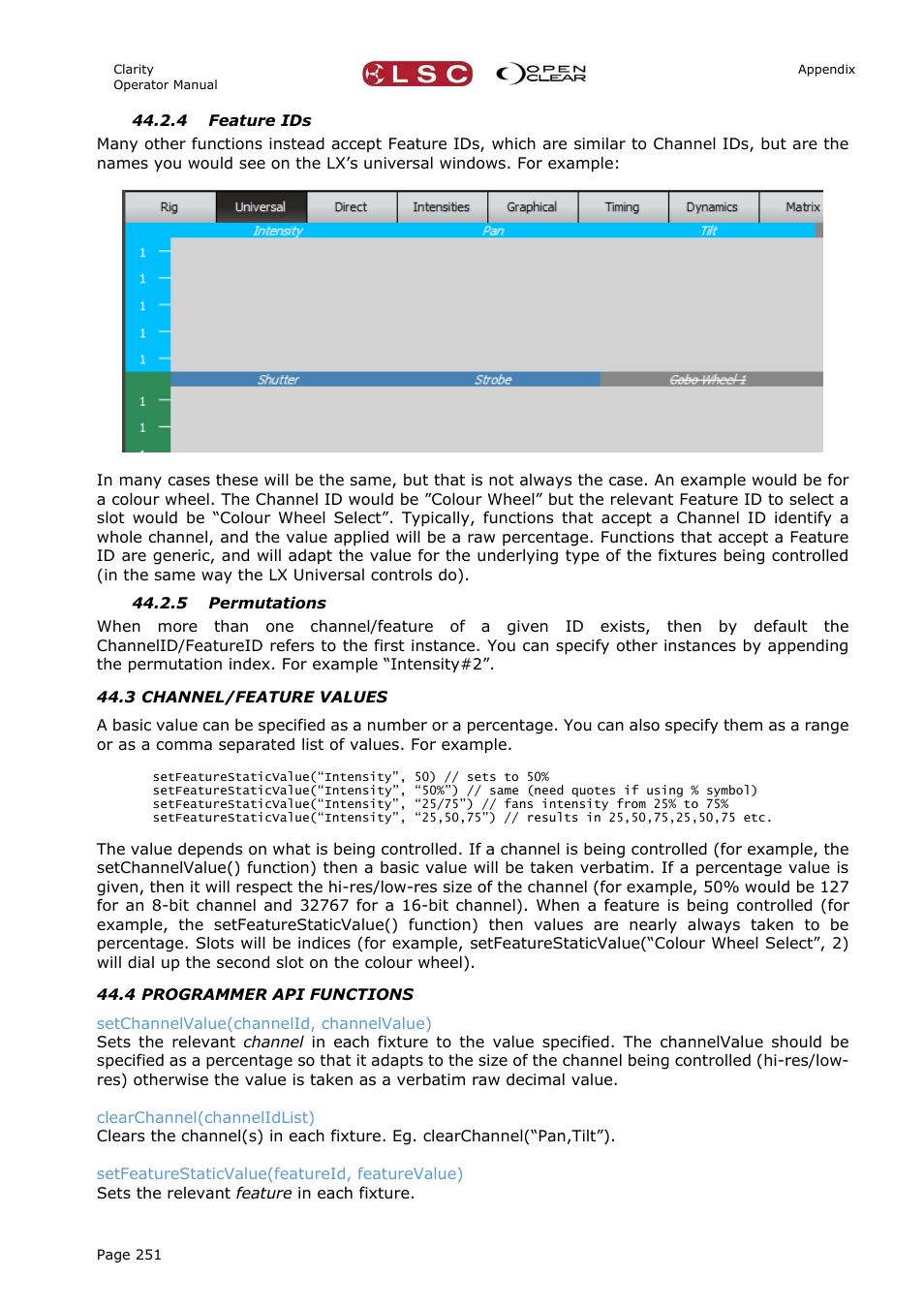 4 feature ids, 5 permutations, 3 channel/feature values | 4 programmer api functions | LSC Lighting CLARITY LX Series v.1 User Manual | Page 261 / 276