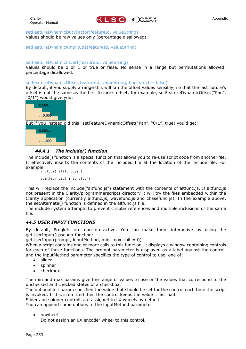 1 the include() function, 5 user input functions | LSC Lighting CLARITY LX Series v.1 User Manual | Page 263 / 276