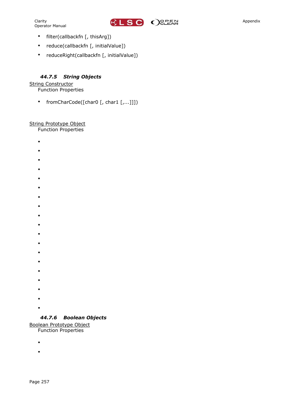 5 string objects, 6 boolean objects | LSC Lighting CLARITY LX Series v.1 User Manual | Page 267 / 276