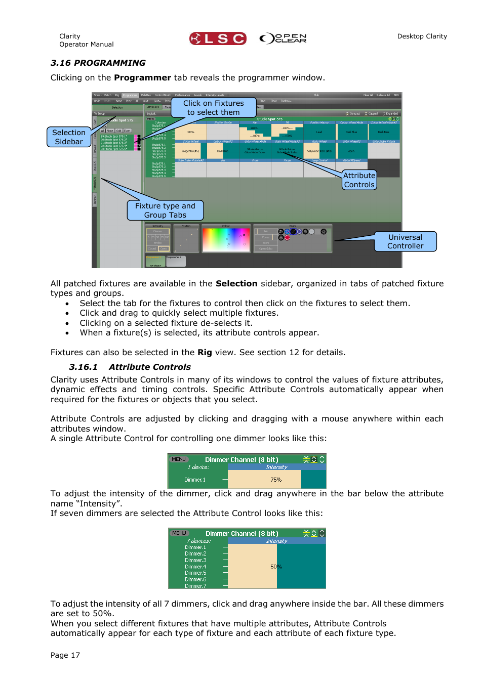 16 programming, 1 attribute controls | LSC Lighting CLARITY LX Series v.1 User Manual | Page 27 / 276