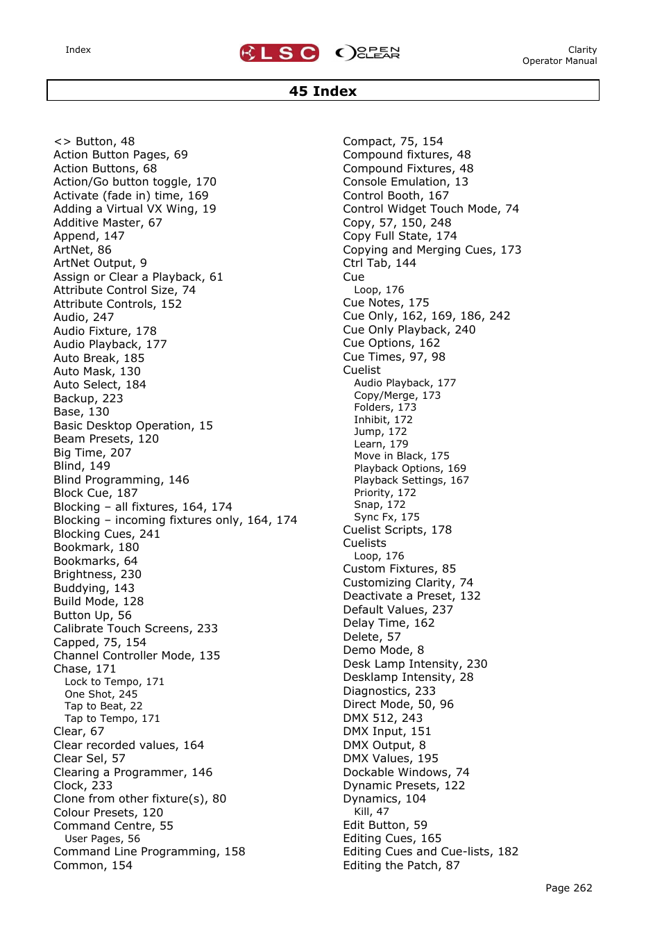 45 index | LSC Lighting CLARITY LX Series v.1 User Manual | Page 272 / 276