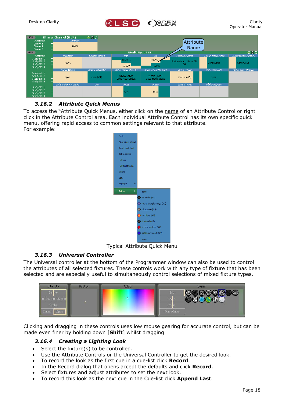 2 attribute quick menus, 3 universal controller, 4 creating a lighting look | LSC Lighting CLARITY LX Series v.1 User Manual | Page 28 / 276