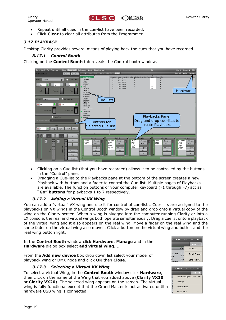 17 playback, 1 control booth, 2 adding a virtual vx wing | 3 selecting a virtual vx wing | LSC Lighting CLARITY LX Series v.1 User Manual | Page 29 / 276