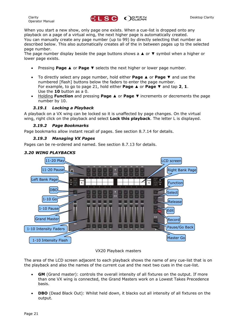 1 locking a playback, 20 wing playbacks | LSC Lighting CLARITY LX Series v.1 User Manual | Page 31 / 276