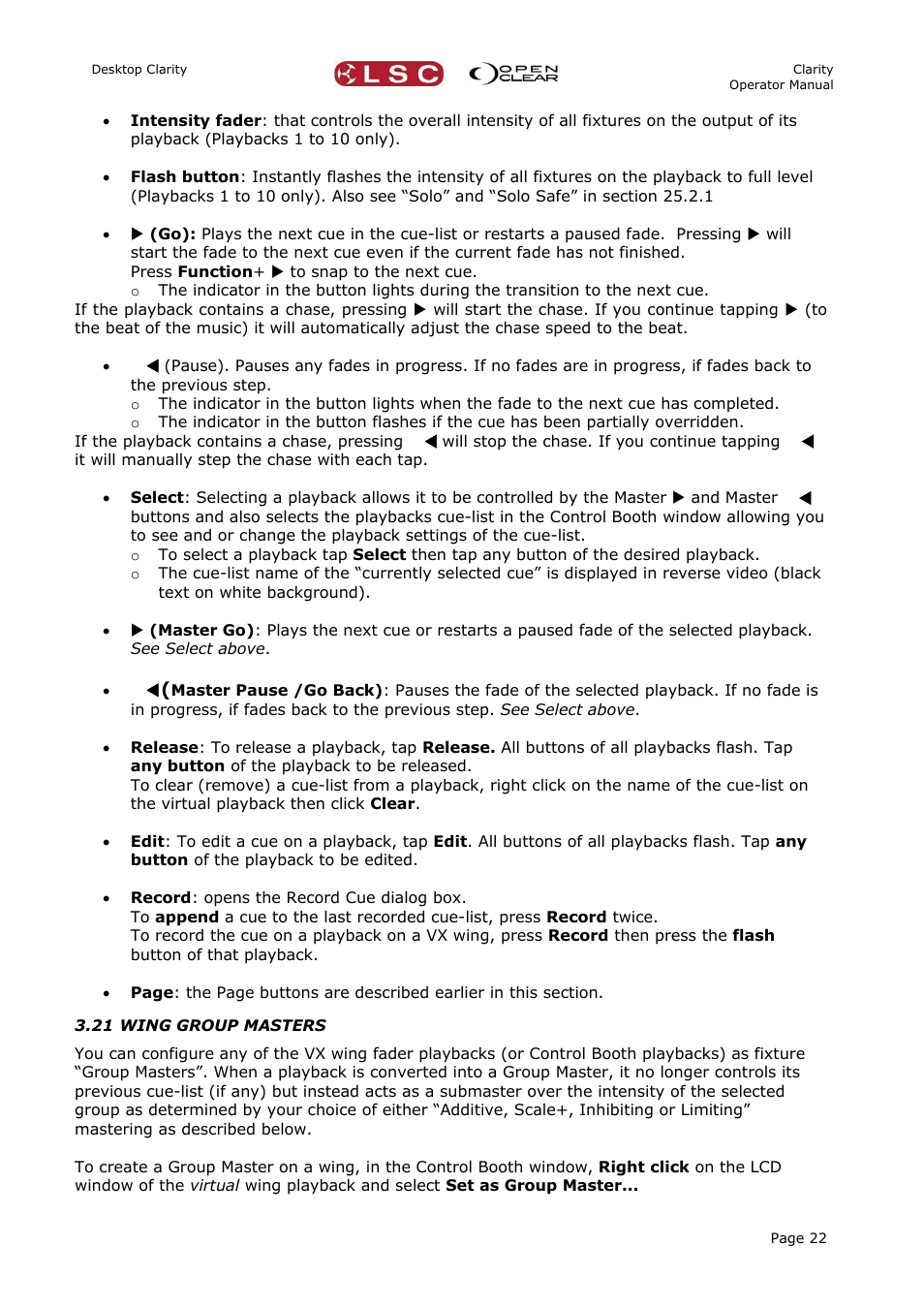 21 wing group masters | LSC Lighting CLARITY LX Series v.1 User Manual | Page 32 / 276