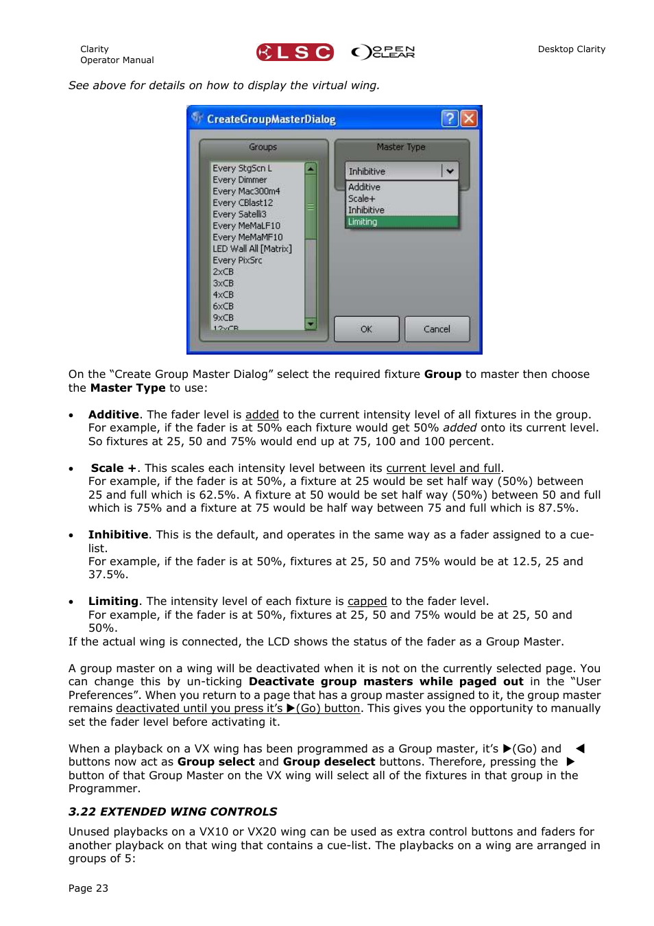 22 extended wing controls | LSC Lighting CLARITY LX Series v.1 User Manual | Page 33 / 276