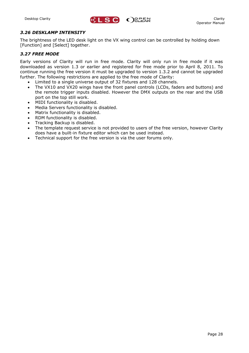 26 desklamp intensity, 27 free mode | LSC Lighting CLARITY LX Series v.1 User Manual | Page 38 / 276