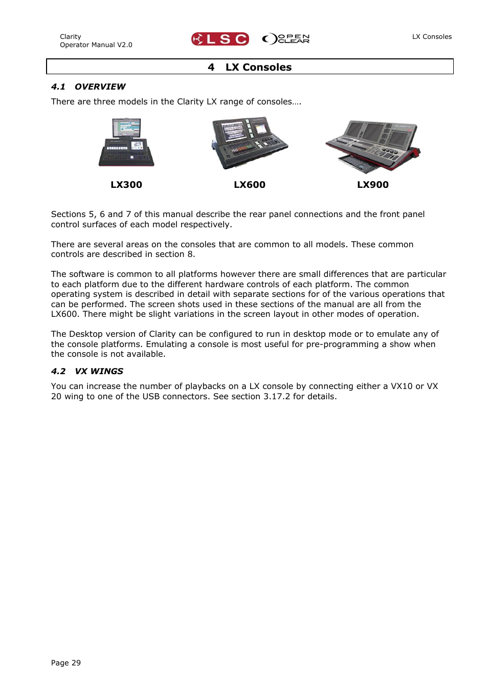 4 lx consoles, 1 overview, 2 vx wings | LSC Lighting CLARITY LX Series v.1 User Manual | Page 39 / 276