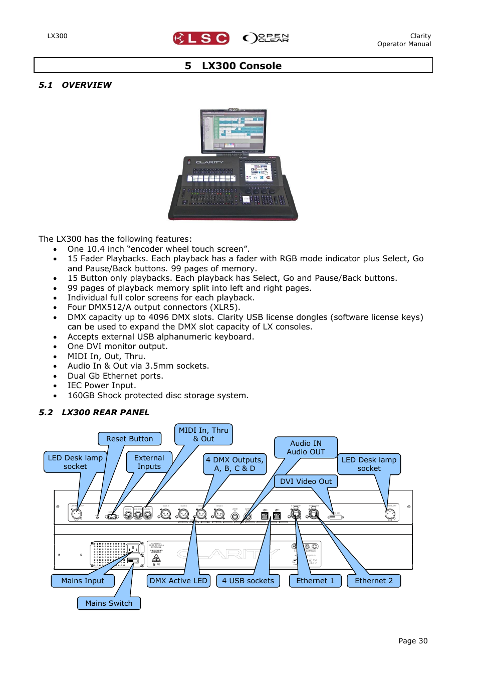 5 lx300 console, 1 overview, 2 lx300 rear panel | LSC Lighting CLARITY LX Series v.1 User Manual | Page 40 / 276