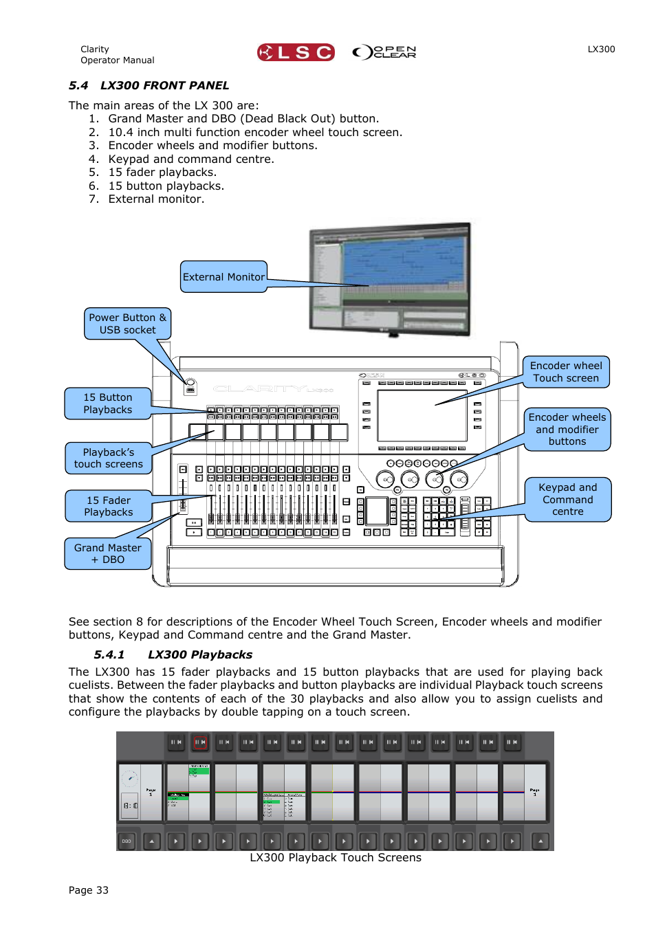 4 lx300 front panel, 1 lx300 playbacks | LSC Lighting CLARITY LX Series v.1 User Manual | Page 43 / 276