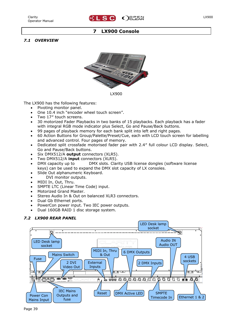 7 lx900 console, 1 overview, 2 lx900 rear panel | LSC Lighting CLARITY LX Series v.1 User Manual | Page 49 / 276