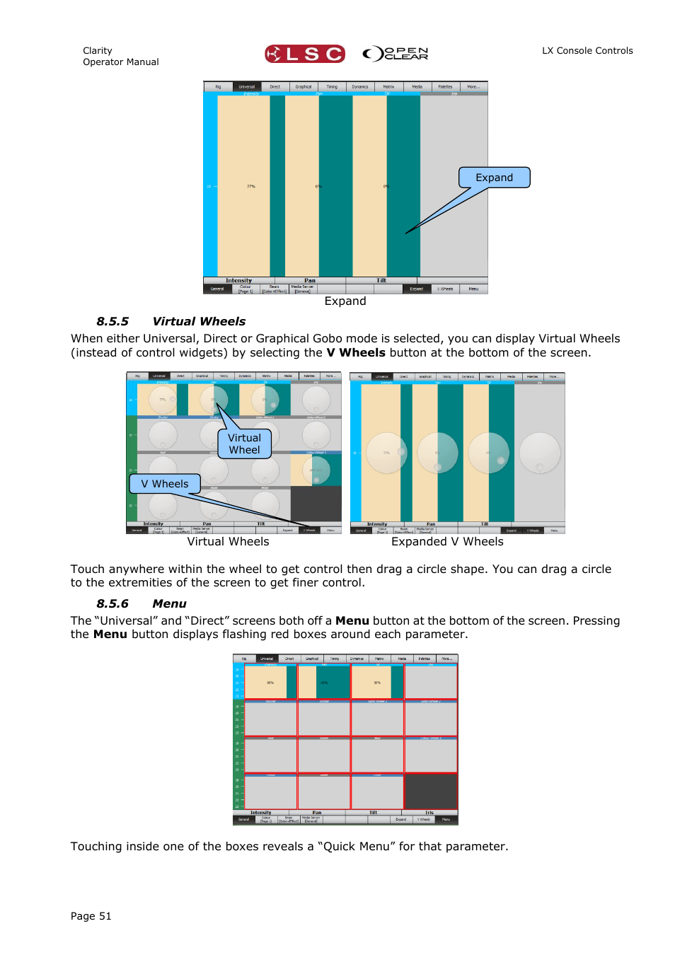 5 virtual wheels, 6 menu | LSC Lighting CLARITY LX Series v.1 User Manual | Page 61 / 276