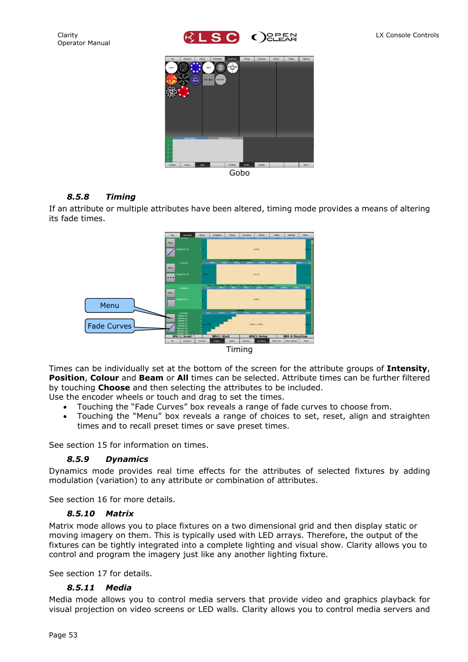 8 timing, 9 dynamics, 10 matrix | 11 media | LSC Lighting CLARITY LX Series v.1 User Manual | Page 63 / 276