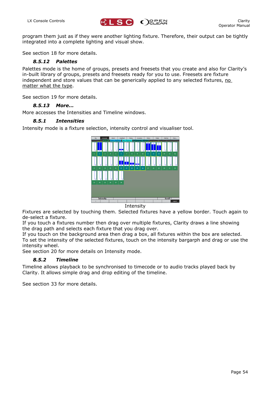 12 palettes, 13 more, 1 intensities | 2 timeline | LSC Lighting CLARITY LX Series v.1 User Manual | Page 64 / 276