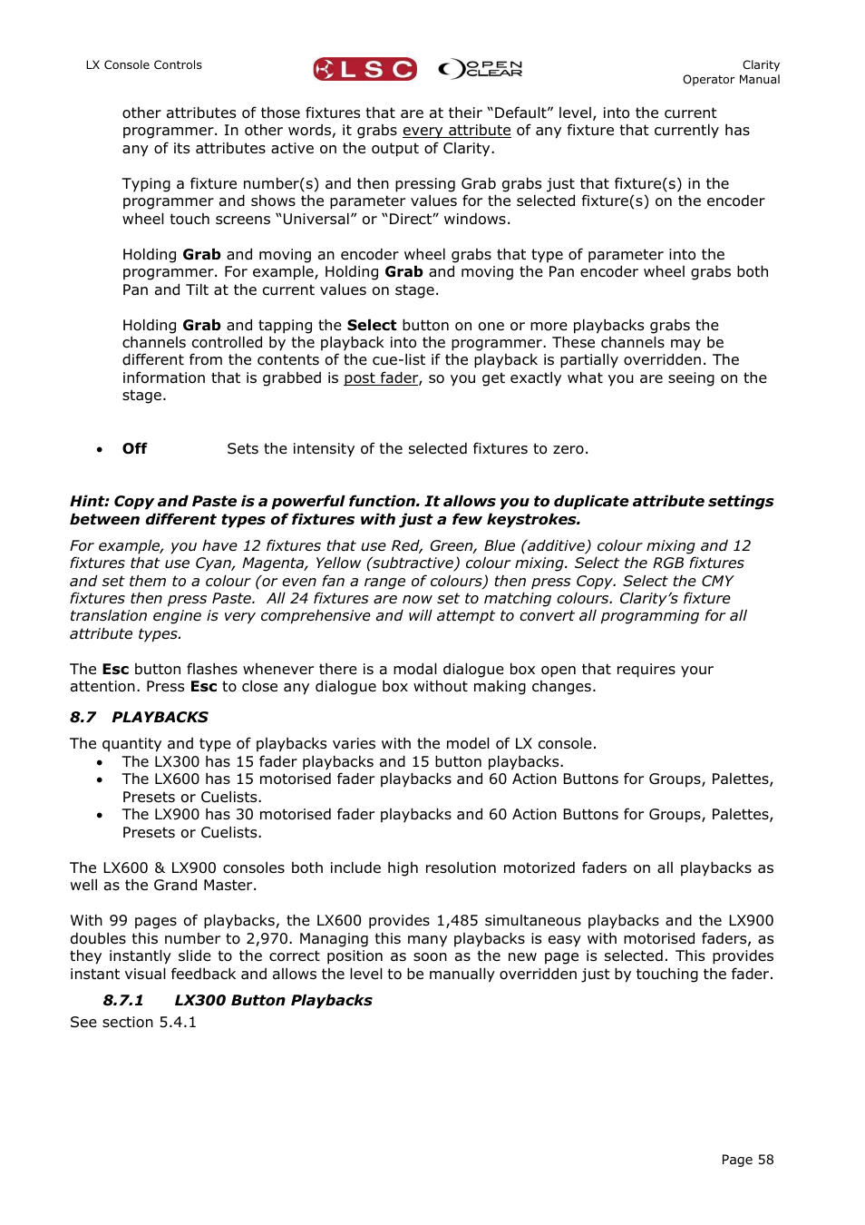 7 playbacks, 1 lx300 button playbacks | LSC Lighting CLARITY LX Series v.1 User Manual | Page 68 / 276