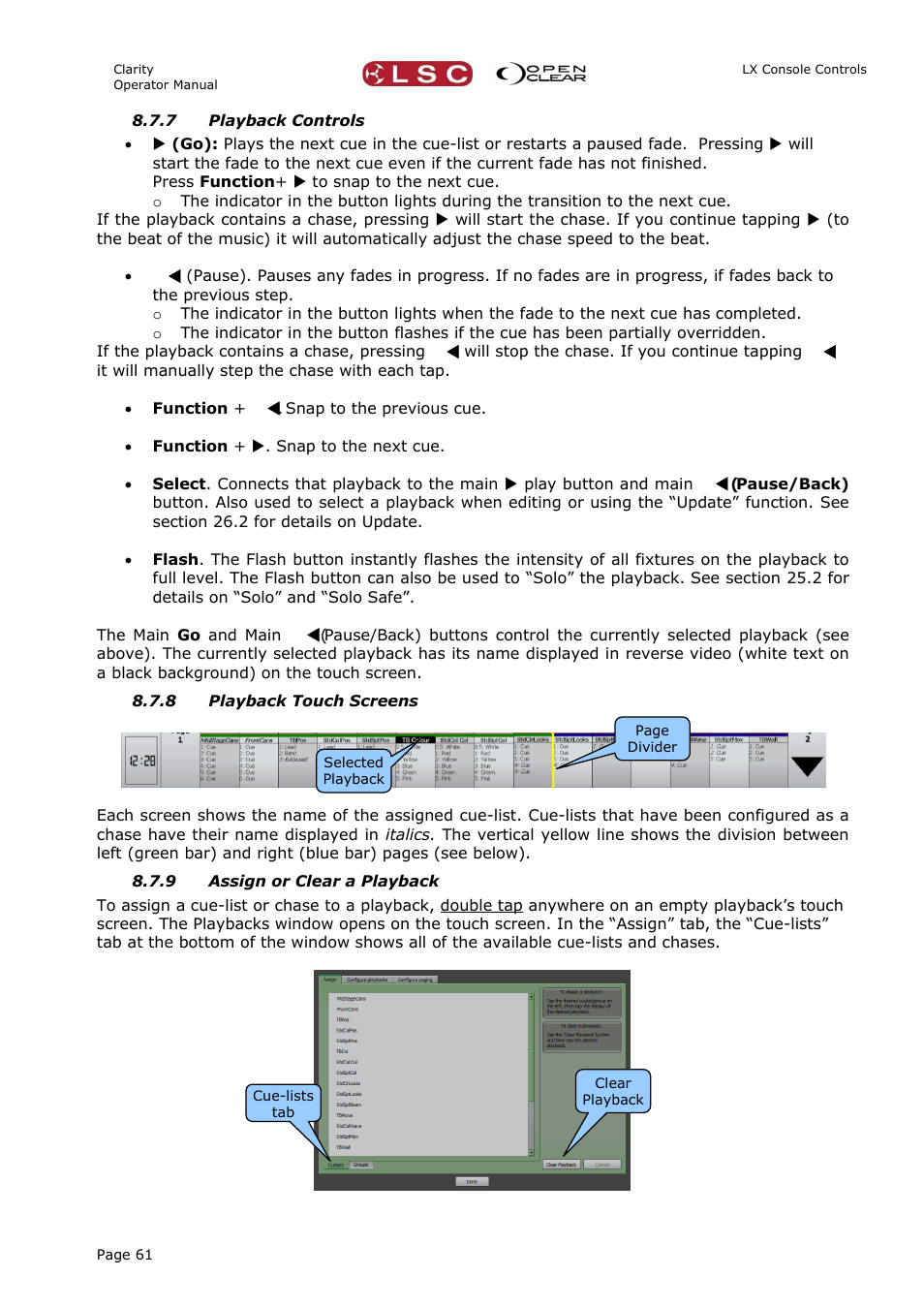 7 playback controls, 8 playback touch screens, 9 assign or clear a playback | LSC Lighting CLARITY LX Series v.1 User Manual | Page 71 / 276