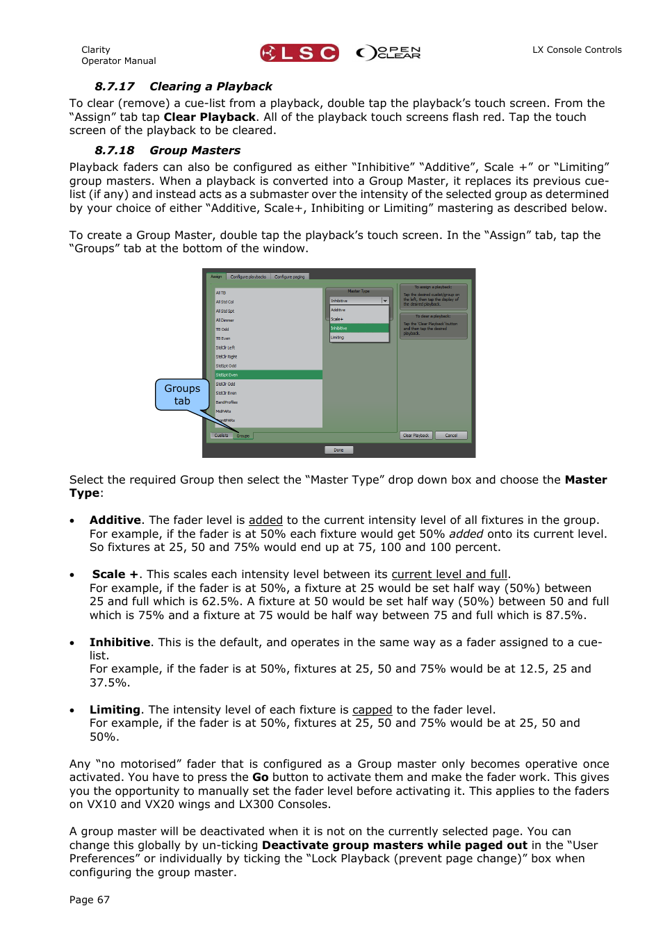 17 clearing a playback, 18 group masters | LSC Lighting CLARITY LX Series v.1 User Manual | Page 77 / 276