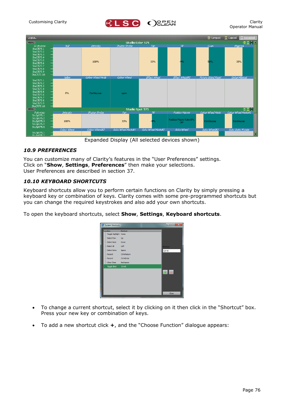 9 preferences, 10 keyboard shortcuts | LSC Lighting CLARITY LX Series v.1 User Manual | Page 86 / 276
