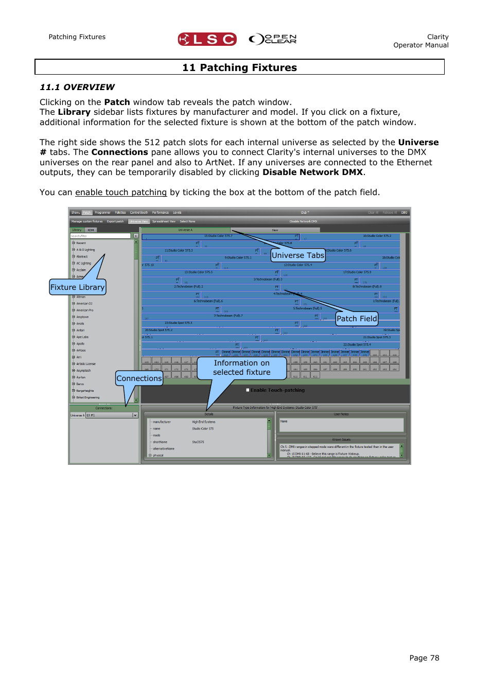 11 patching fixtures, 1 overview | LSC Lighting CLARITY LX Series v.1 User Manual | Page 88 / 276