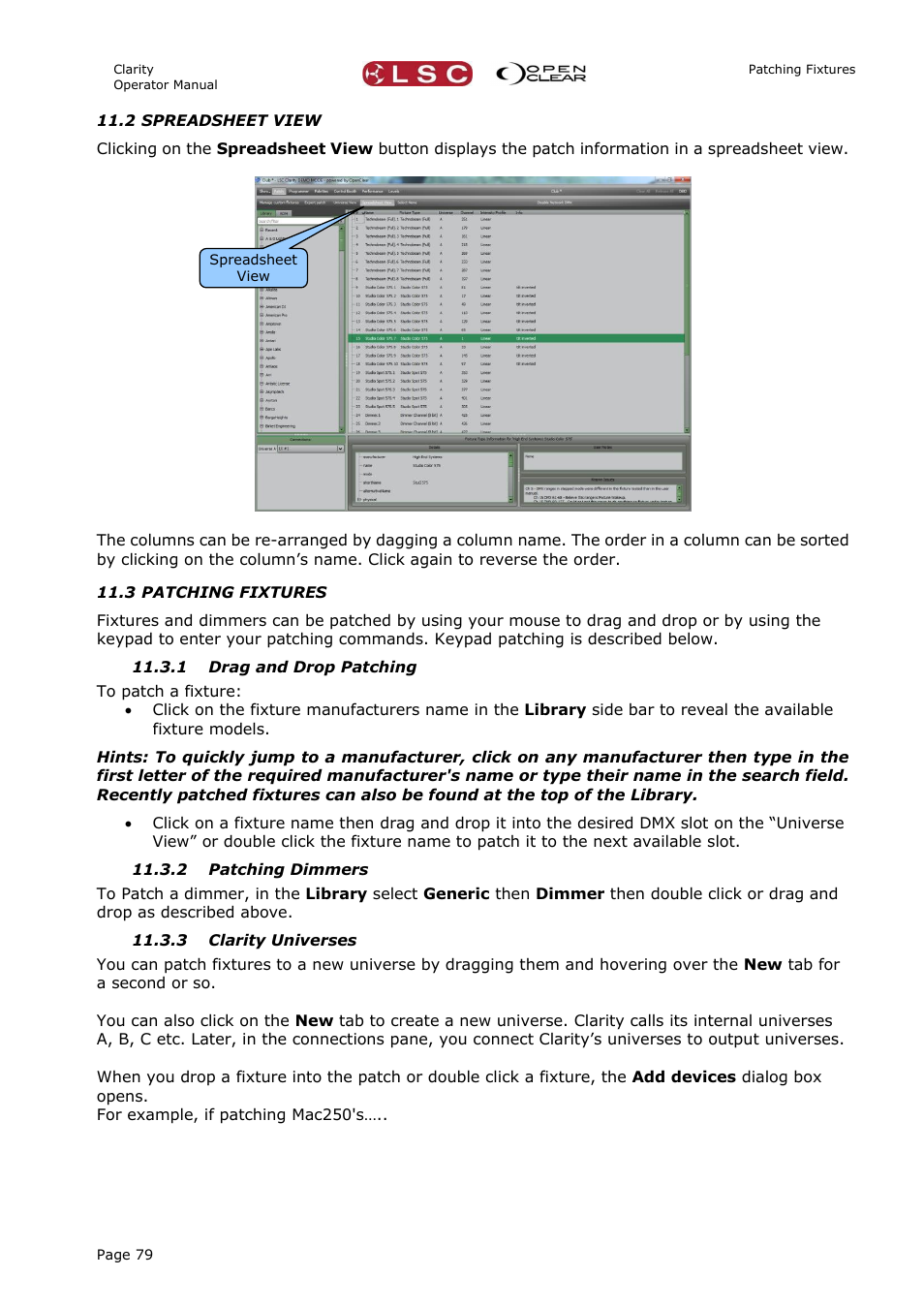 2 spreadsheet view, 3 patching fixtures, 1 drag and drop patching | 2 patching dimmers, 3 clarity universes | LSC Lighting CLARITY LX Series v.1 User Manual | Page 89 / 276