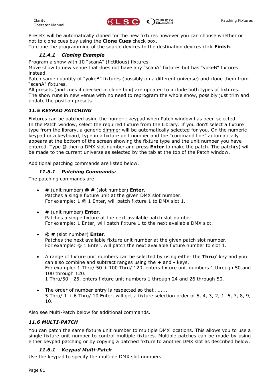 1 cloning example, 5 keypad patching, 1 patching commands | 6 multi-patch, 1 keypad multi-patch | LSC Lighting CLARITY LX Series v.1 User Manual | Page 91 / 276