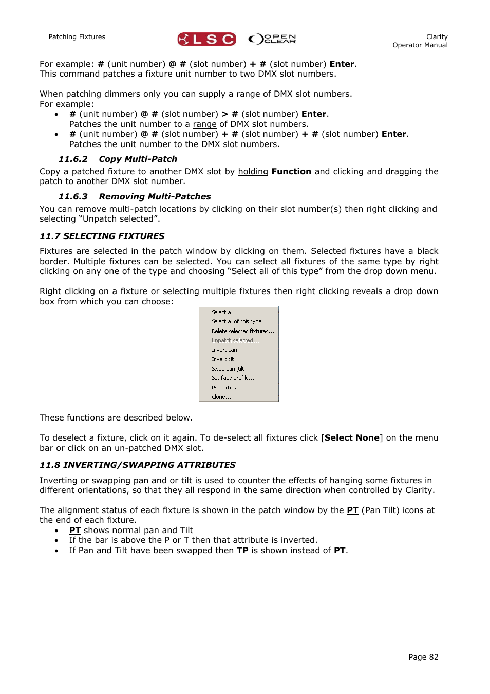 2 copy multi-patch, 3 removing multi-patches, 7 selecting fixtures | 8 inverting/swapping attributes | LSC Lighting CLARITY LX Series v.1 User Manual | Page 92 / 276