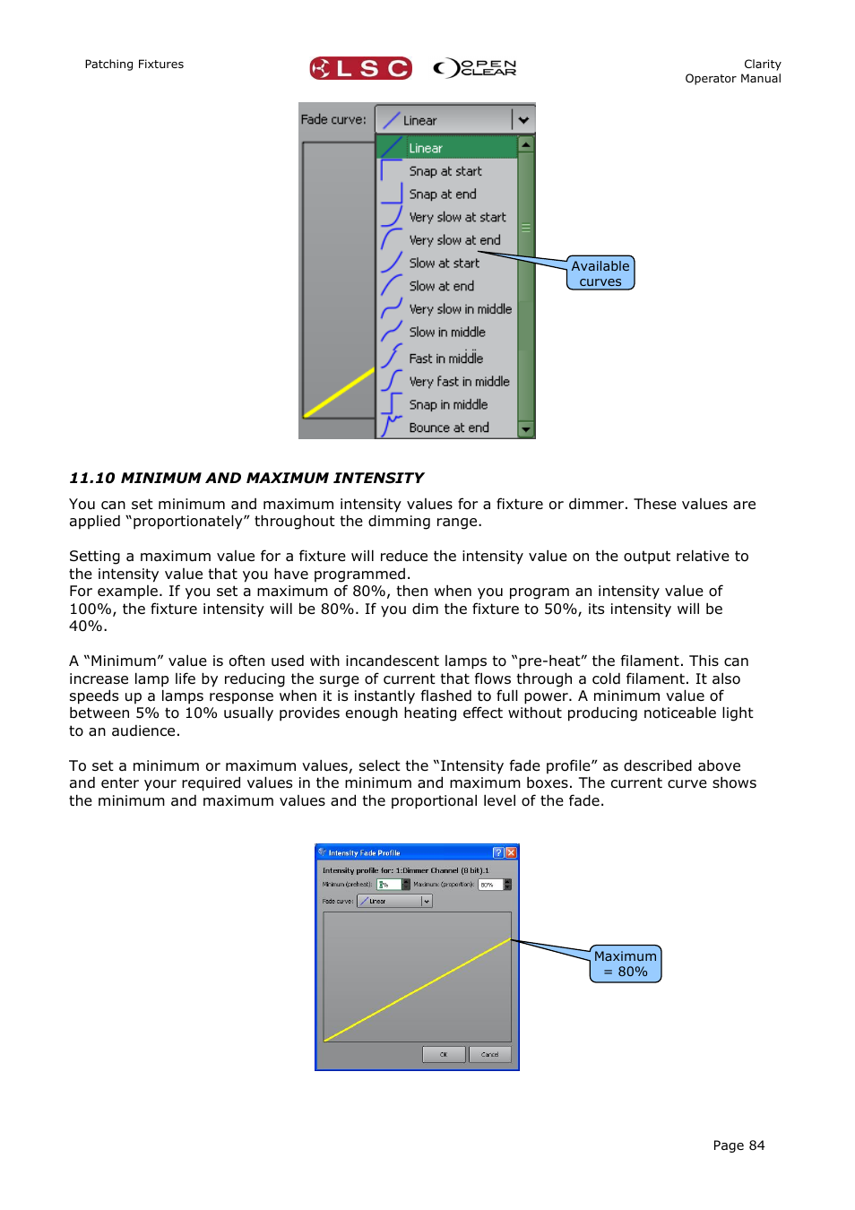 10 minimum and maximum intensity | LSC Lighting CLARITY LX Series v.1 User Manual | Page 94 / 276
