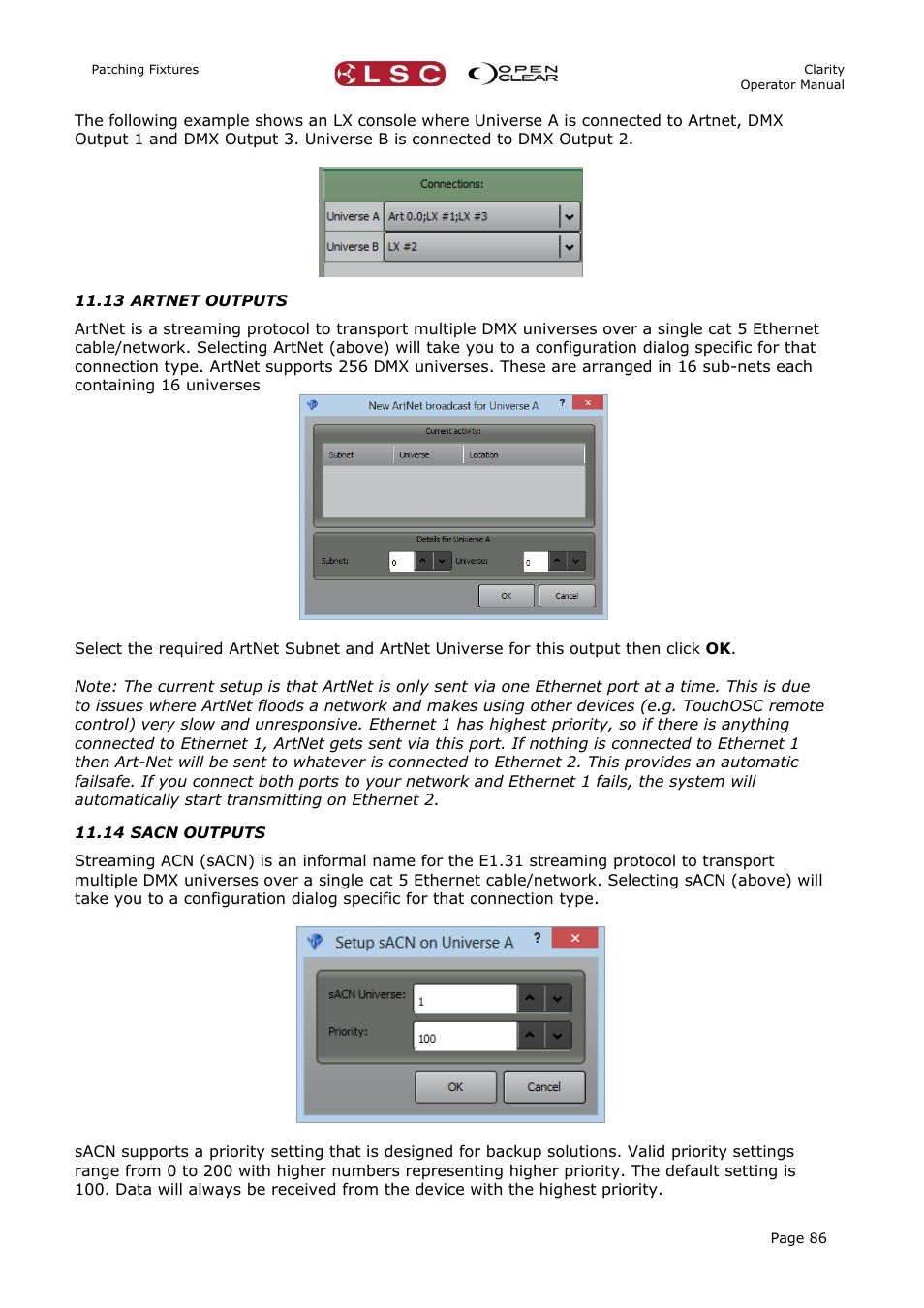 13 artnet outputs, 14 sacn outputs, On 11.13 | LSC Lighting CLARITY LX Series v.1 User Manual | Page 96 / 276