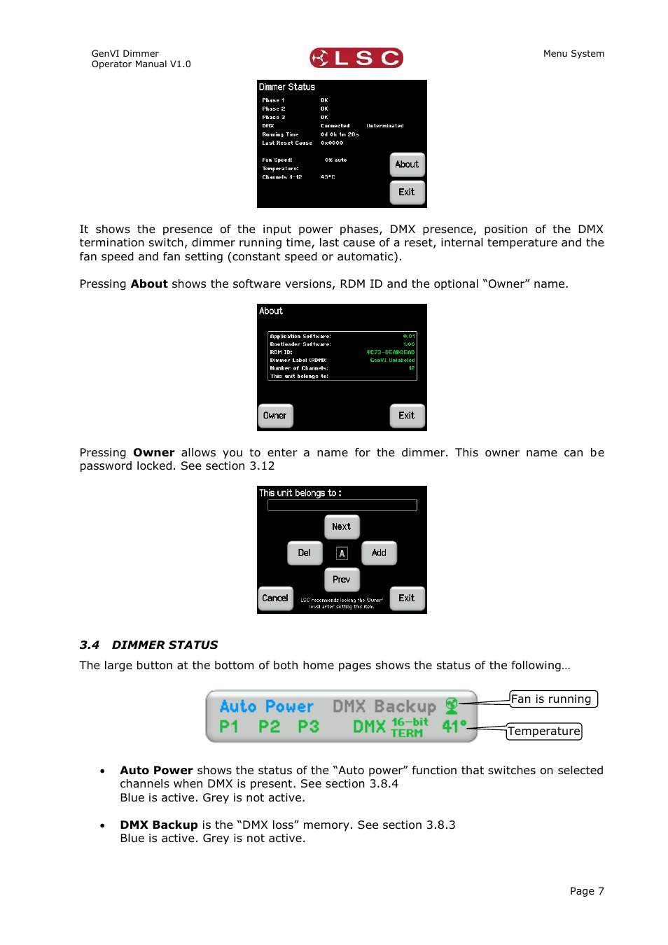 4 dimmer status, Dimmer status | LSC Lighting GenVI User Manual | Page 11 / 34