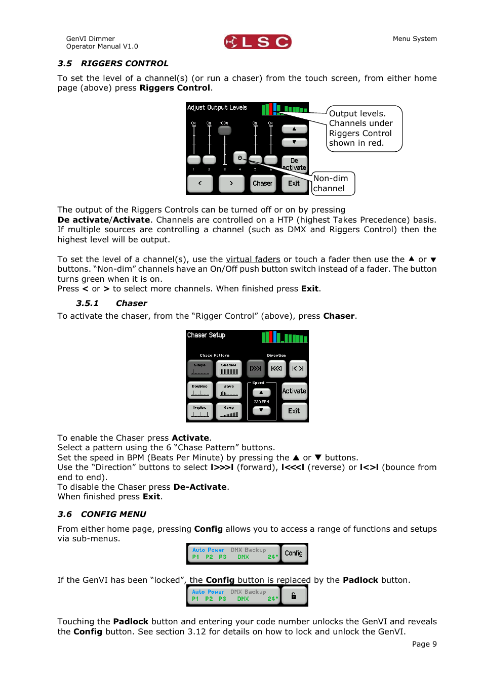 5 riggers control, 1 chaser, 6 config menu | Riggers control, Chaser, Config menu | LSC Lighting GenVI User Manual | Page 13 / 34