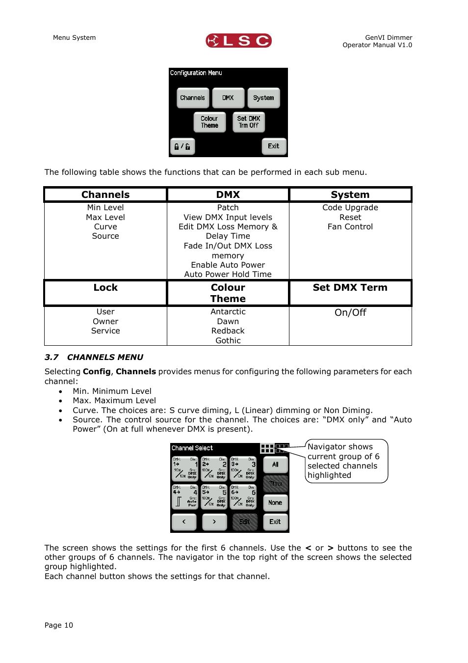 7 channels menu, Channels menu, Channels dmx system | Lock colour theme set dmx term, On/off | LSC Lighting GenVI User Manual | Page 14 / 34