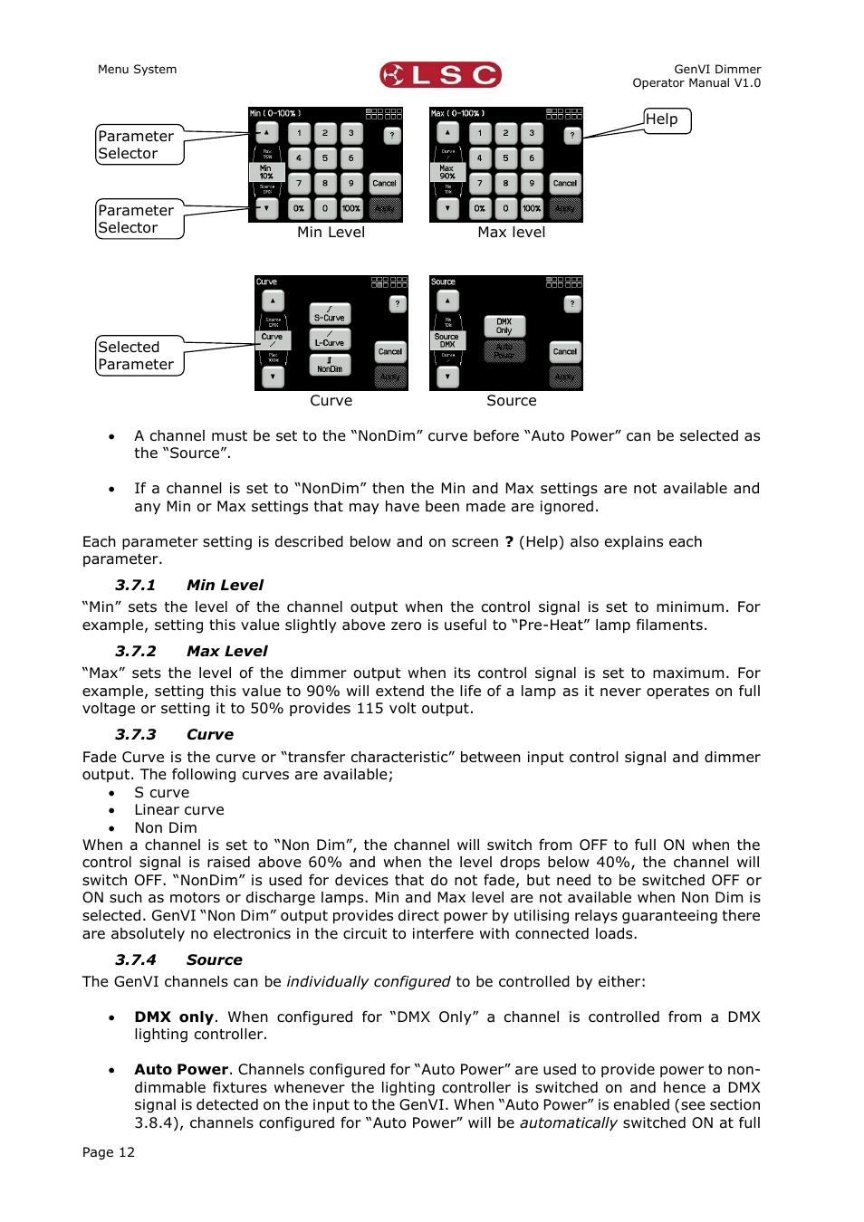 1 min level, 2 max level, 3 curve | 4 source, Min level, Max level, Curve, Source | LSC Lighting GenVI User Manual | Page 16 / 34