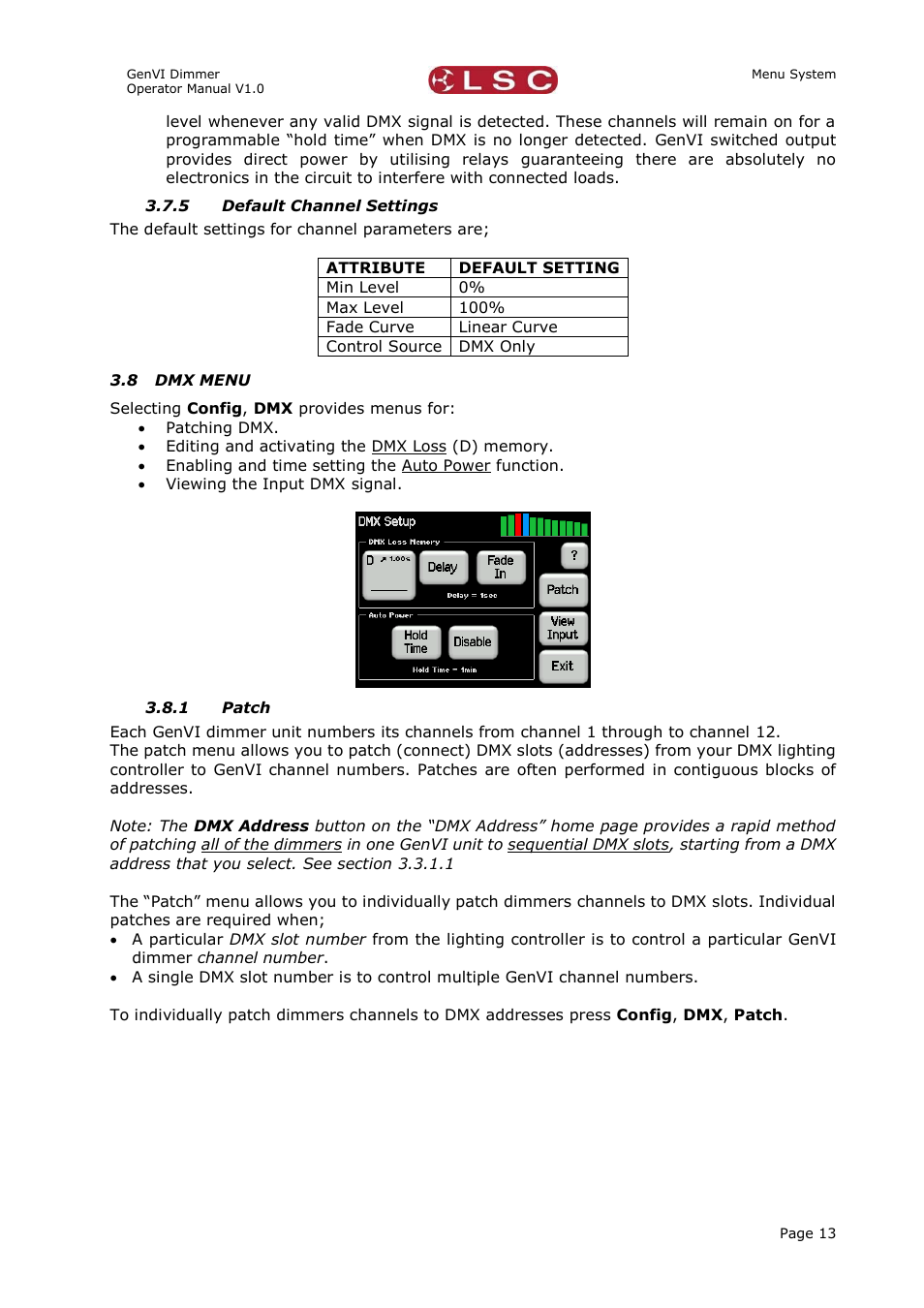 5 default channel settings, 8 dmx menu, 1 patch | Default channel settings, Dmx menu, Patch | LSC Lighting GenVI User Manual | Page 17 / 34