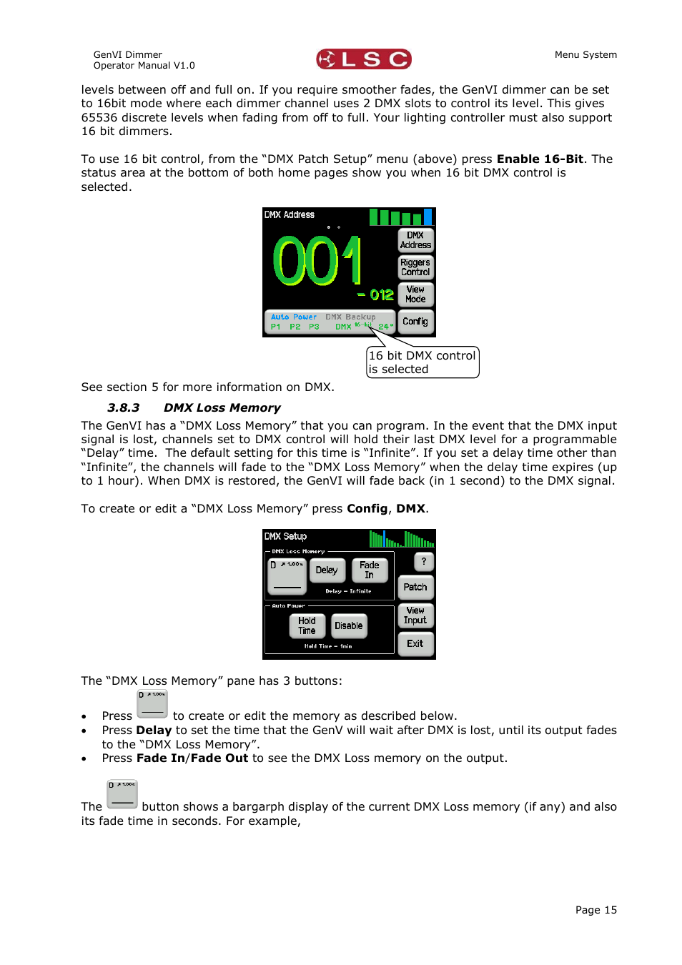 3 dmx loss memory, Dmx loss memory | LSC Lighting GenVI User Manual | Page 19 / 34