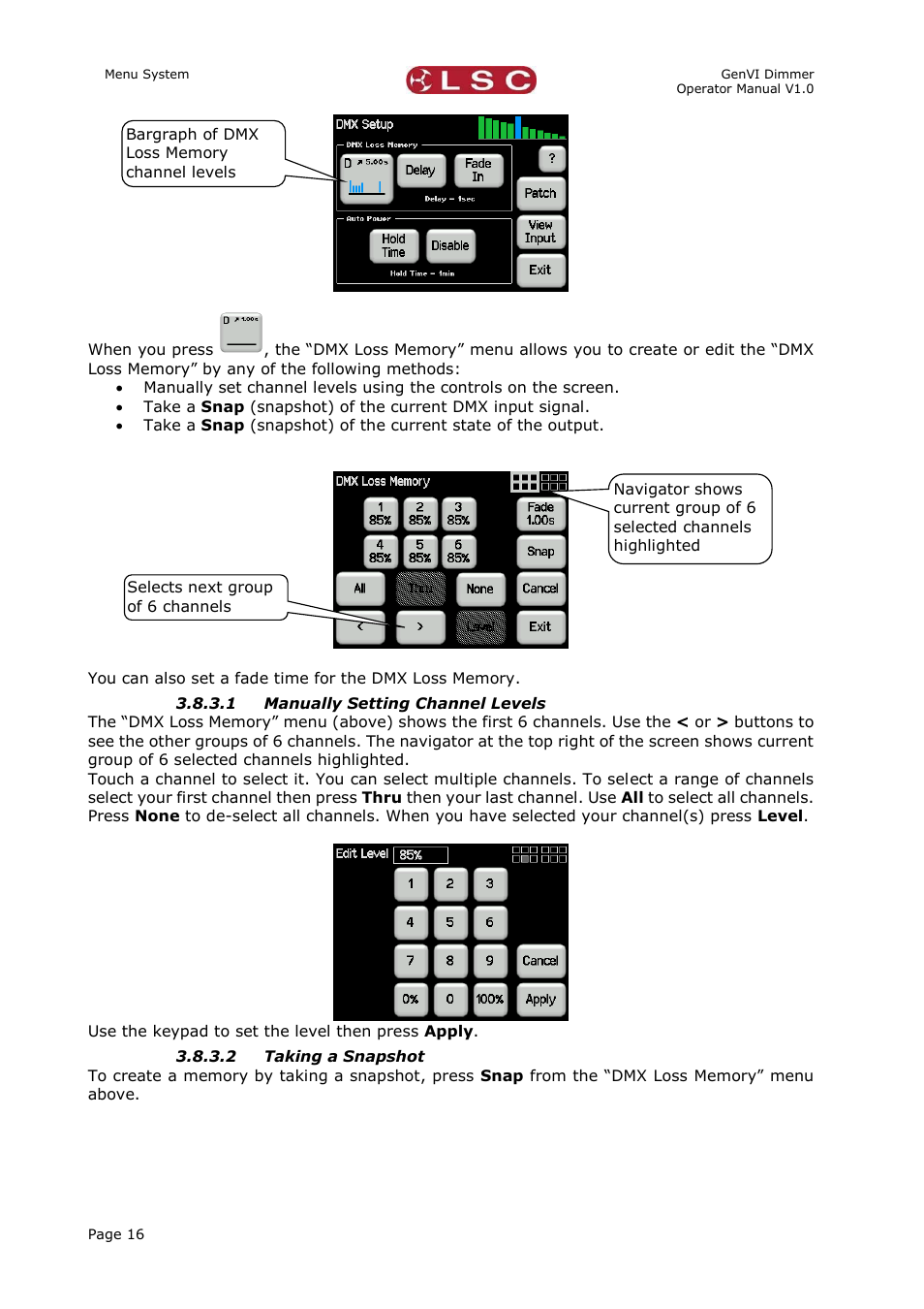 1 manually setting channel levels, 2 taking a snapshot | LSC Lighting GenVI User Manual | Page 20 / 34