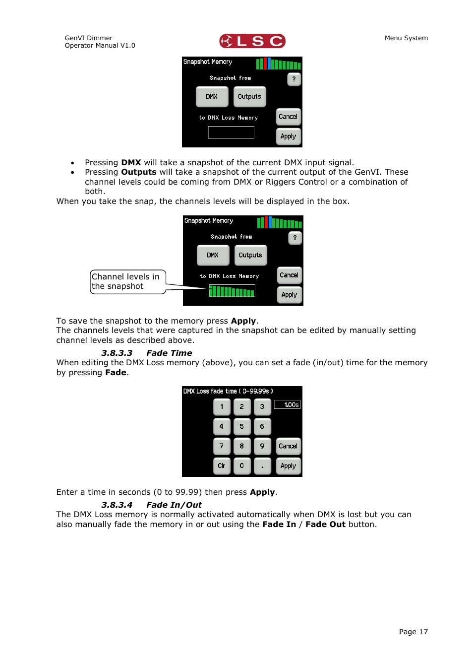 3 fade time, 4 fade in/out | LSC Lighting GenVI User Manual | Page 21 / 34