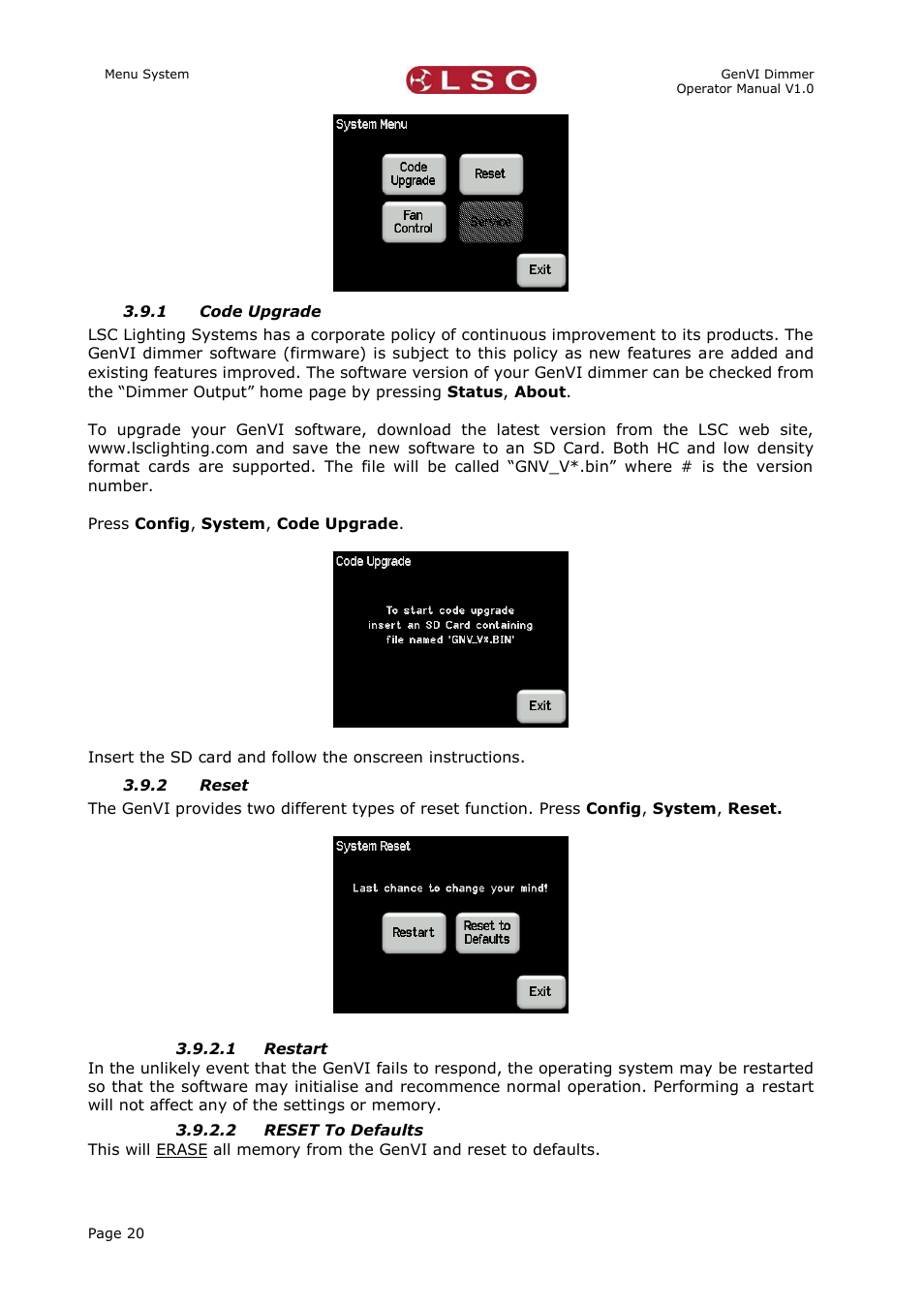 1 code upgrade, 2 reset, 1 restart | 2 reset to defaults, Code upgrade, Reset | LSC Lighting GenVI User Manual | Page 24 / 34