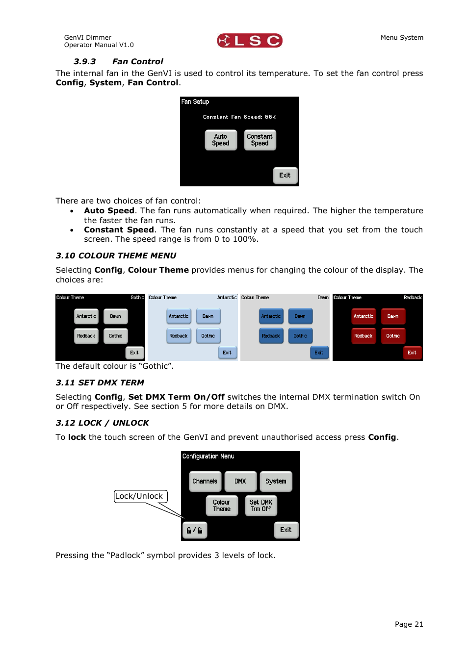 3 fan control, 10 colour theme menu, 11 set dmx term | 12 lock / unlock, Fan control, Colour theme menu, Set dmx term, Lock / unlock | LSC Lighting GenVI User Manual | Page 25 / 34